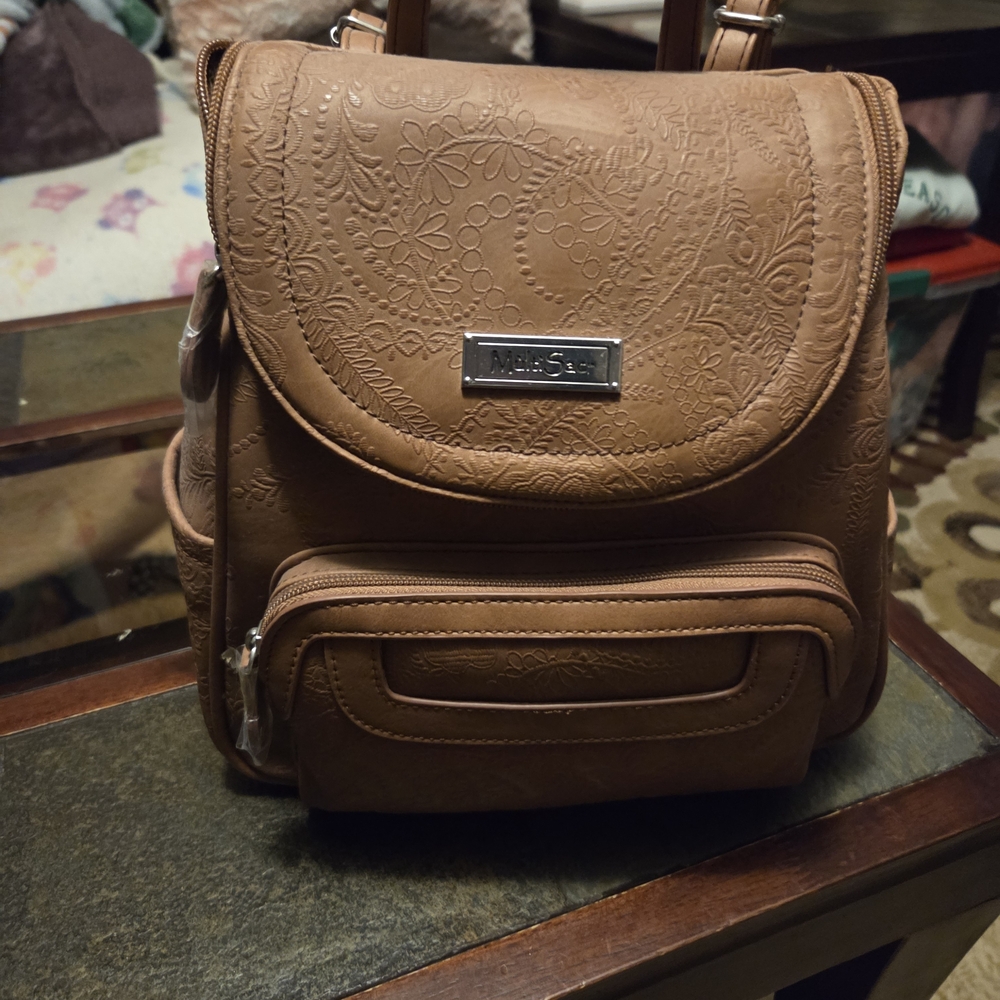 Tan Floral Embossed Backpack